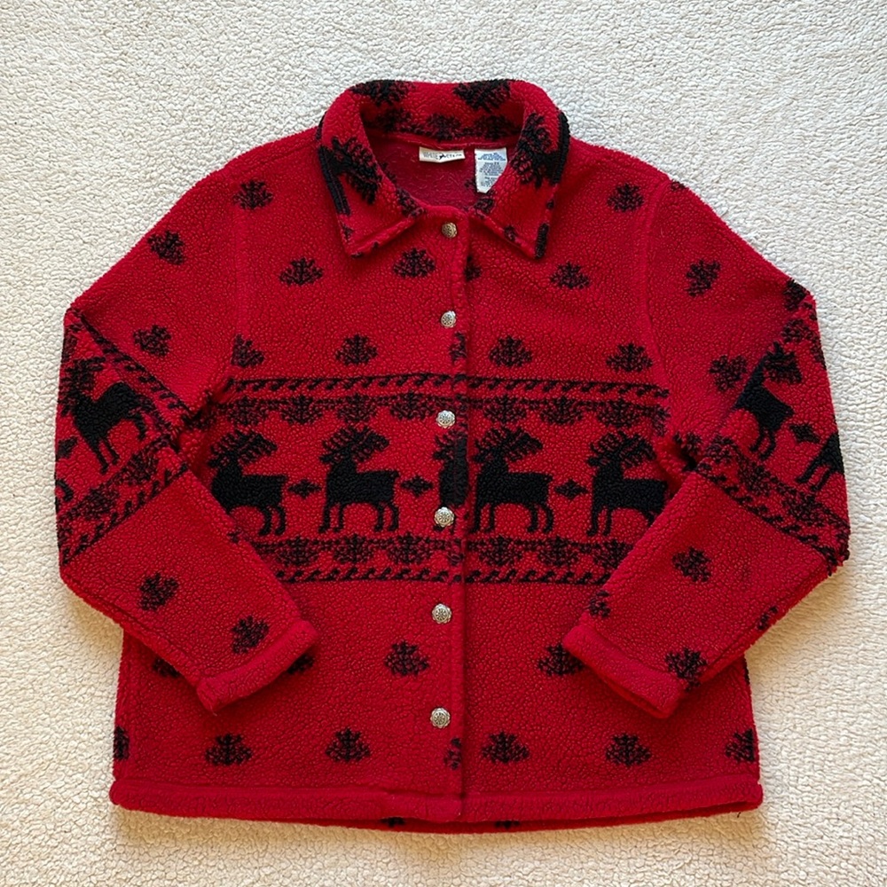 Vintage 90s White Stag Deer Pattern Button Up Fleece